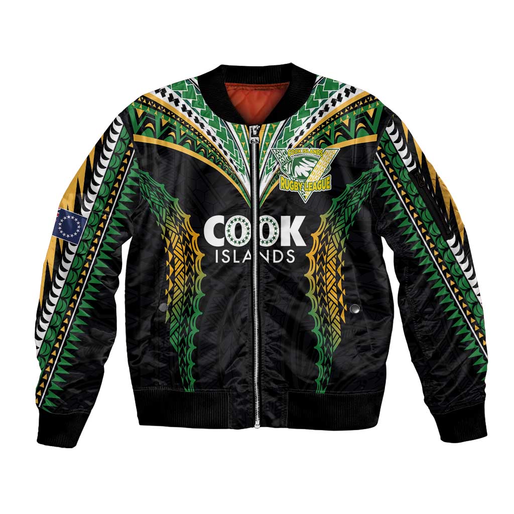 Custom Cook Islands Rugby League Sleeve Zip Bomber Jacket Tatau Tribal Pattern-Special Edition Black Color