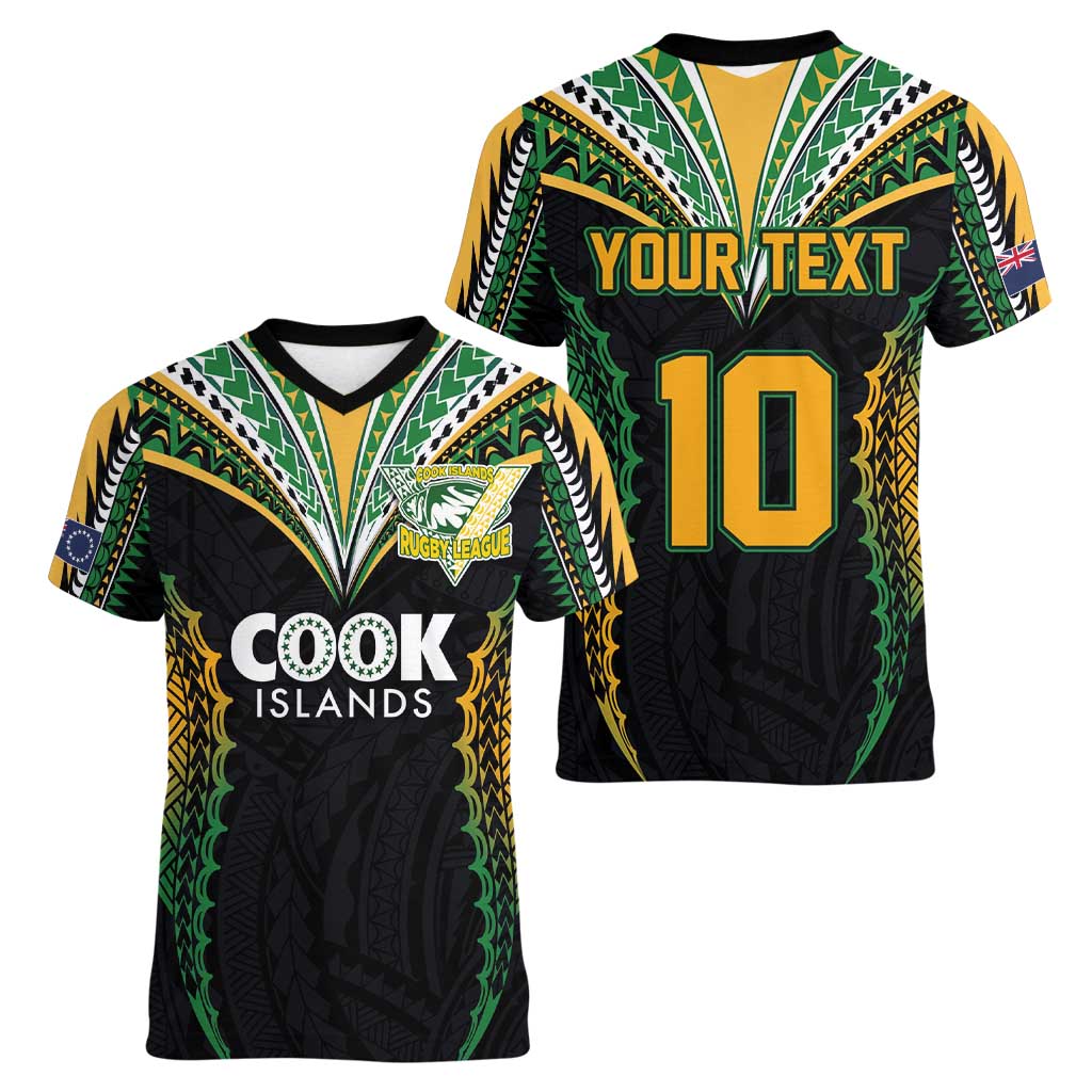 Custom Cook Islands Rugby League Women V-Neck T-Shirt Tatau Tribal Pattern-Special Edition Black Color