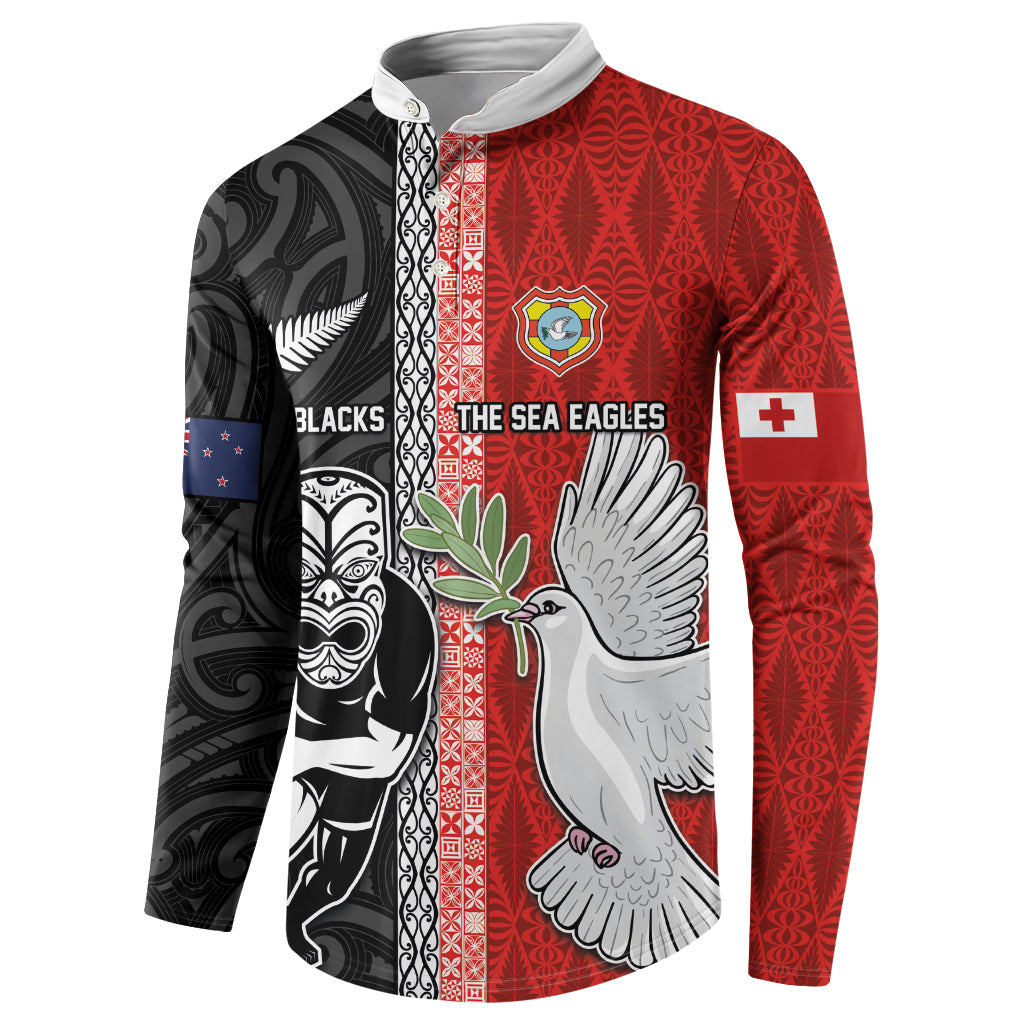 Custom Tonga and New Zealand Rugby Button Sweatshirt Maori Mix Ngatu Pattern