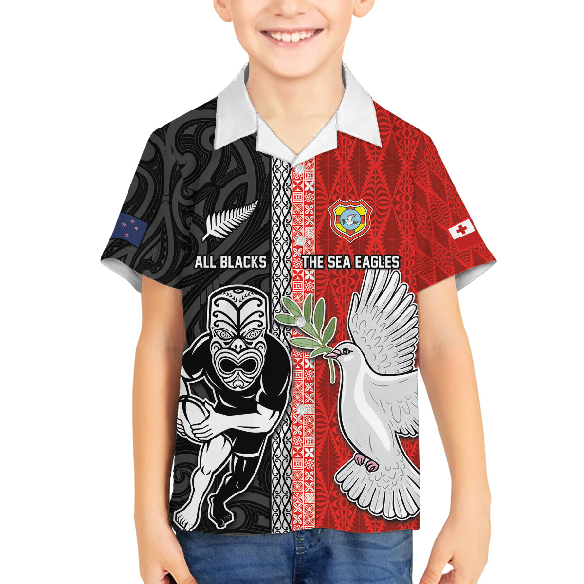 Custom Tonga and New Zealand Rugby Family Matching Puletasi and Hawaiian Shirt Maori Mix Ngatu Pattern