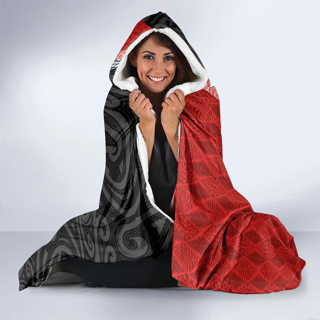 Custom Tonga and New Zealand Rugby Hooded Blanket Maori Mix Ngatu Pattern
