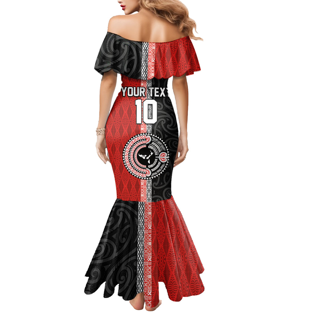 Custom Tonga and New Zealand Rugby Mermaid Dress Maori Mix Ngatu Pattern