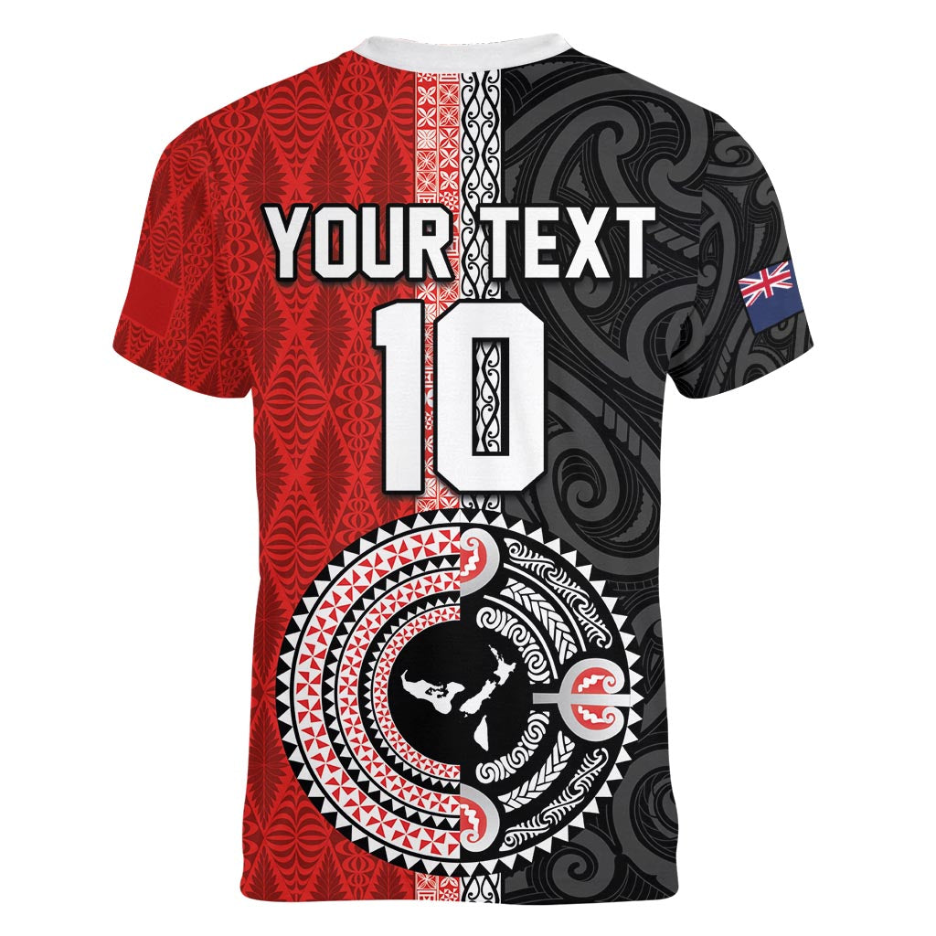 Custom Tonga and New Zealand Rugby Women V-Neck T-Shirt Maori Mix Ngatu Pattern