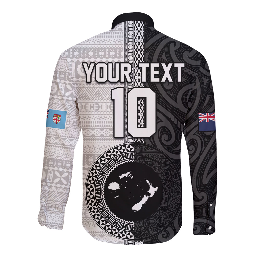 Custom Fiji and New Zealand Rugby Long Sleeve Button Shirt Tapa Mix Maori Pattern