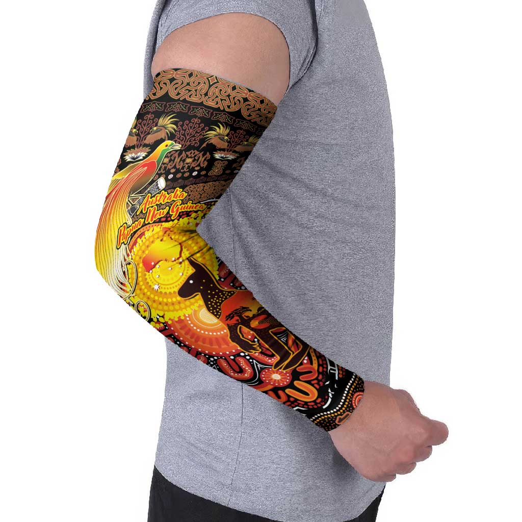 Personalized Australia and Papua New Guinea Together Arm Sleeves Kangaroo Aboriginal Art and Bird-of-paradise Oro Tribal Motifs - Polynesian Pride