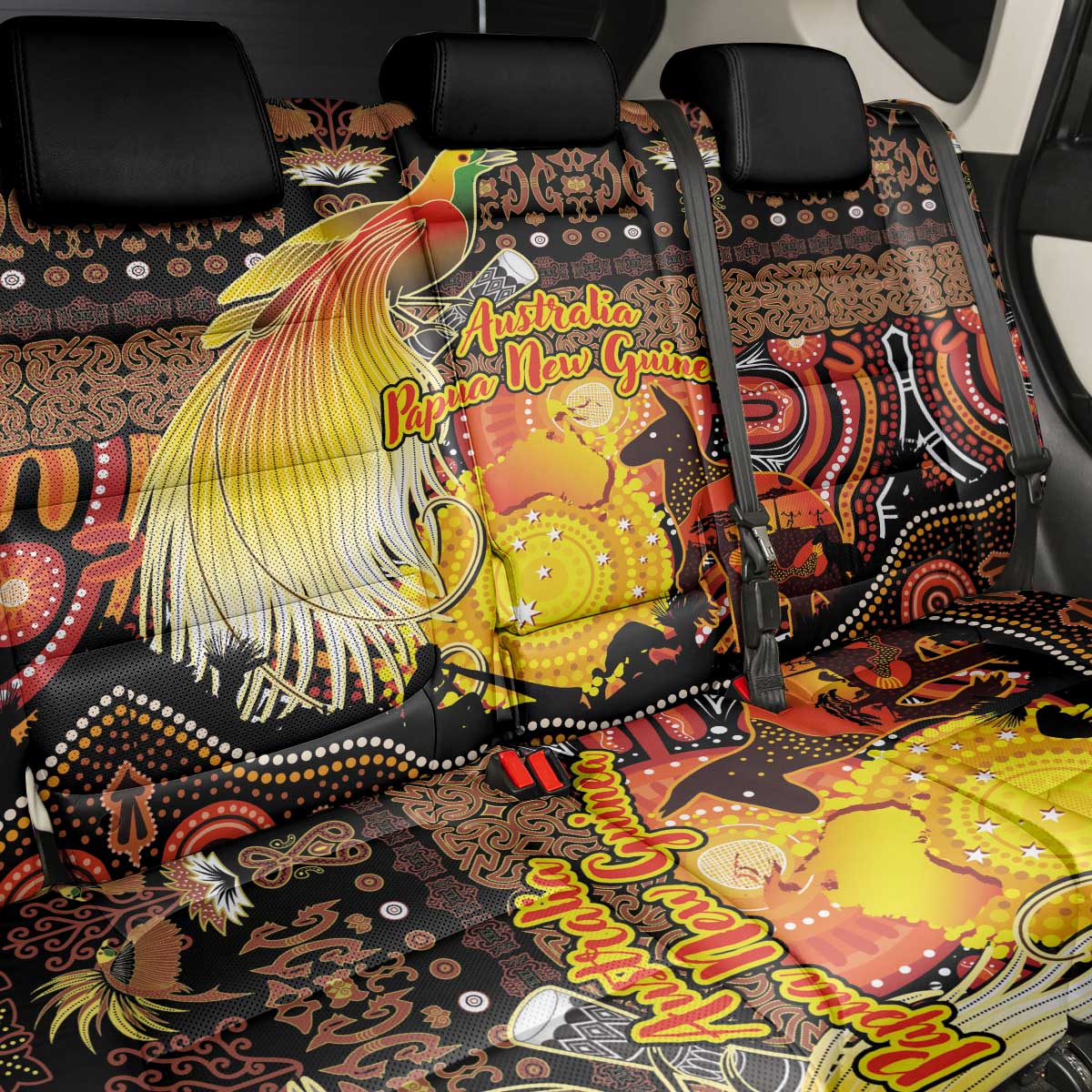 Australia and Papua New Guinea Together Back Car Seat Cover Kangaroo Aboriginal Art and Bird-of-paradise Oro Tribal Motifs - Polynesian Pride