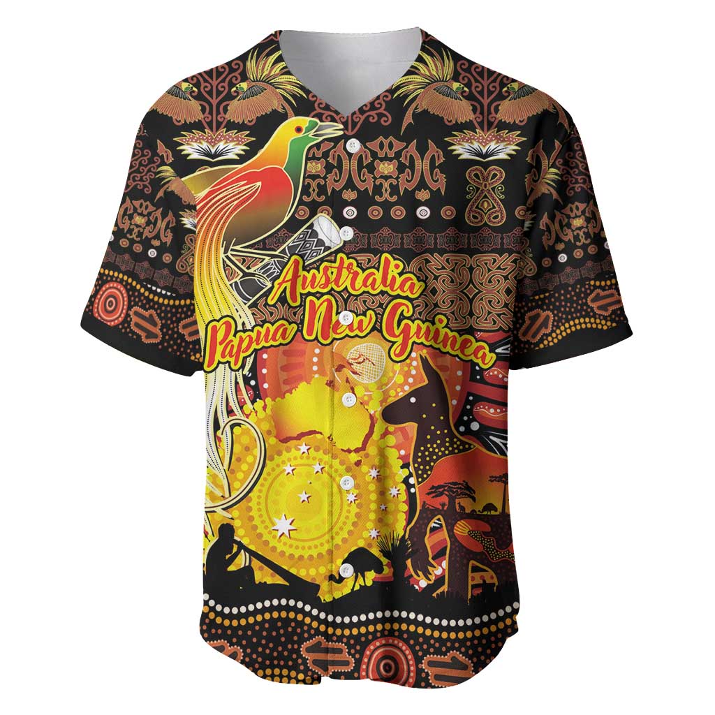 Personalized Australia and Papua New Guinea Together Baseball Jersey Kangaroo Aboriginal Art and Bird-of-paradise Oro Tribal Motifs - Polynesian Pride