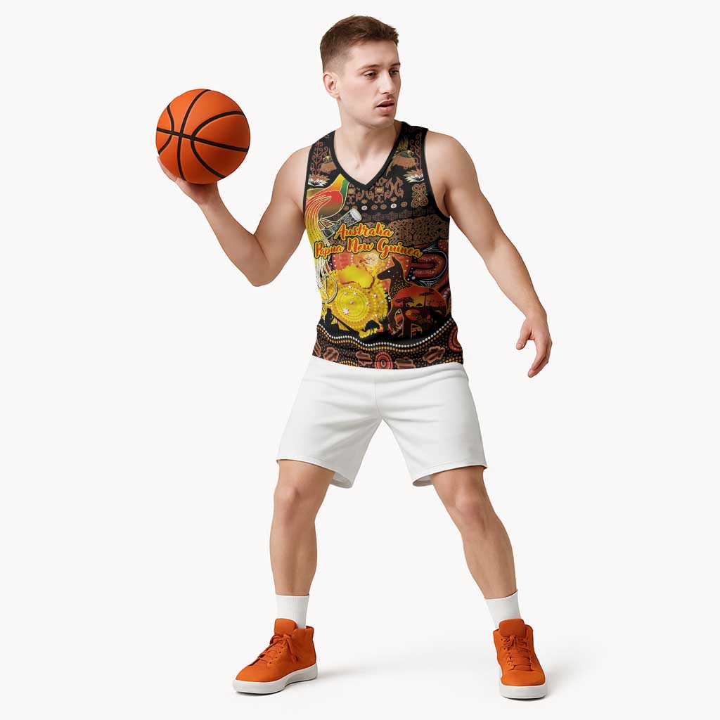 Personalized Australia and Papua New Guinea Together Basketball Jersey Kangaroo Aboriginal Art and Bird-of-paradise Oro Tribal Motifs - Polynesian Pride