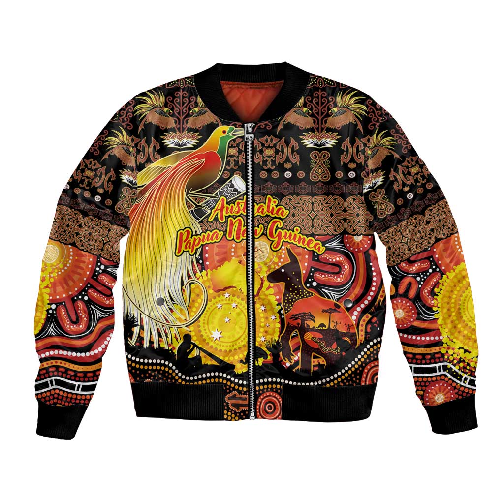 Personalized Australia and Papua New Guinea Together Bomber Jacket Kangaroo Aboriginal Art and Bird-of-paradise Oro Tribal Motifs - Polynesian Pride