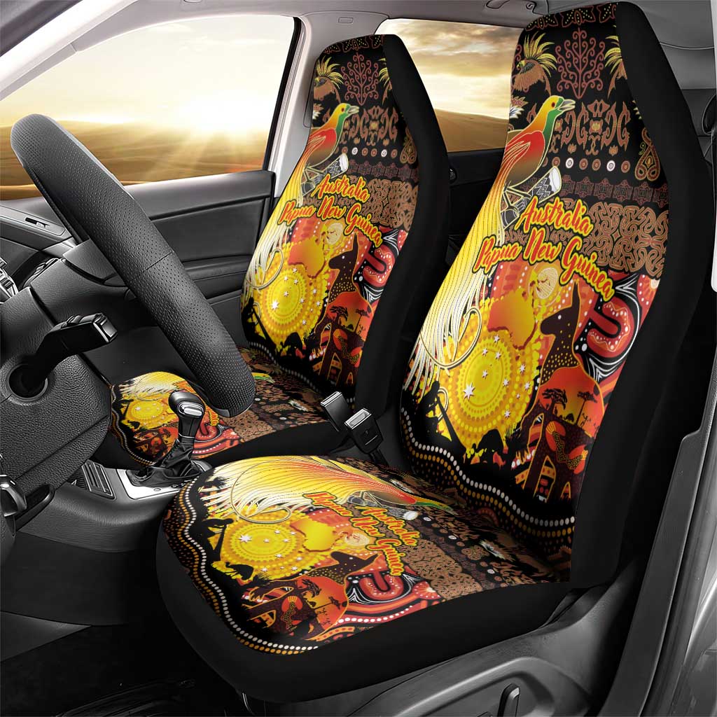 Australia and Papua New Guinea Together Car Seat Cover Kangaroo Aboriginal Art and Bird-of-paradise Oro Tribal Motifs - Polynesian Pride