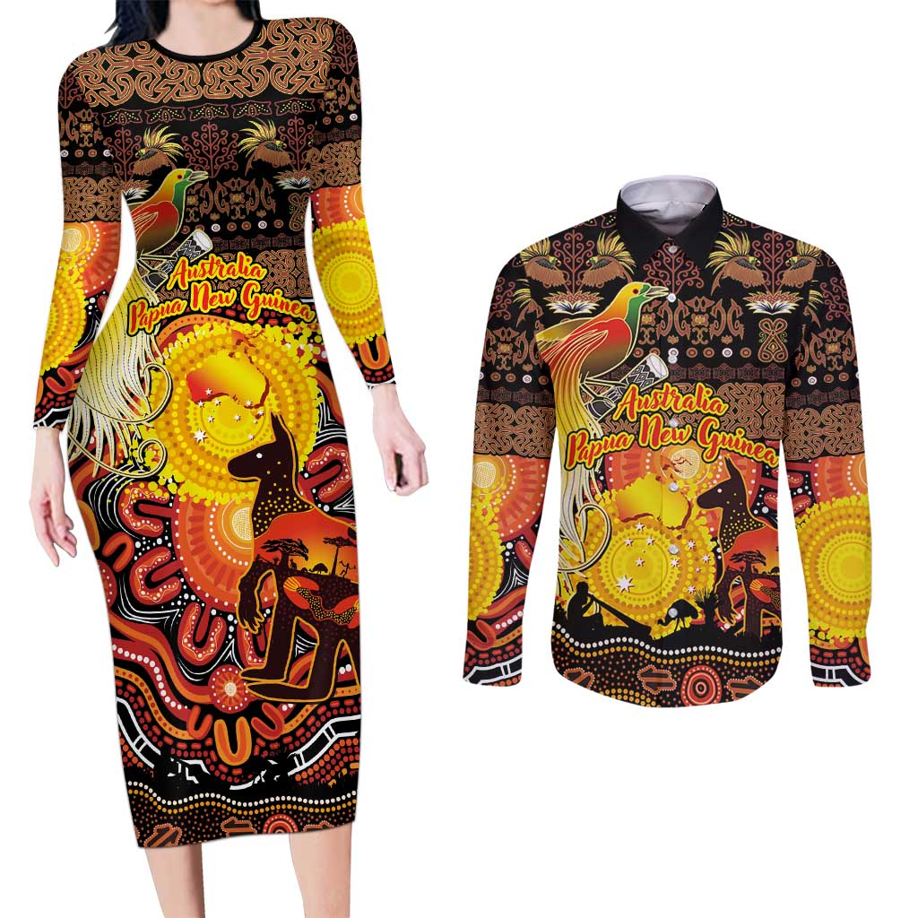 Personalized Australia and Papua New Guinea Together Couples Matching Long Sleeve Bodycon Dress and Long Sleeve Button Shirt Kangaroo Aboriginal Art and Bird-of-paradise Oro Tribal Motifs - Polynesian Pride