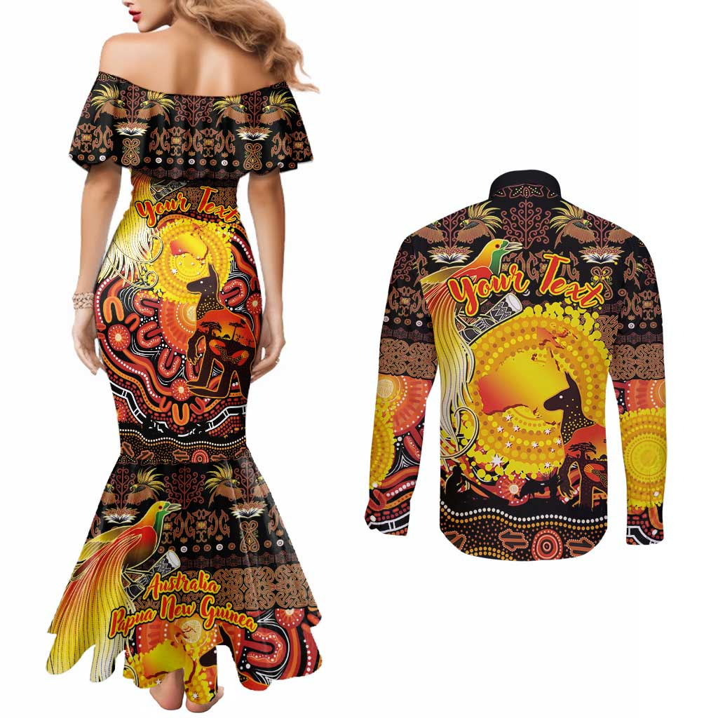 Personalized Australia and Papua New Guinea Together Couples Matching Mermaid Dress and Long Sleeve Button Shirt Kangaroo Aboriginal Art and Bird-of-paradise Oro Tribal Motifs - Polynesian Pride