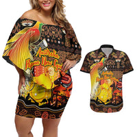 Personalized Australia and Papua New Guinea Together Couples Matching Off Shoulder Short Dress and Hawaiian Shirt Kangaroo Aboriginal Art and Bird-of-paradise Oro Tribal Motifs - Polynesian Pride