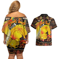 Personalized Australia and Papua New Guinea Together Couples Matching Off Shoulder Short Dress and Hawaiian Shirt Kangaroo Aboriginal Art and Bird-of-paradise Oro Tribal Motifs - Polynesian Pride