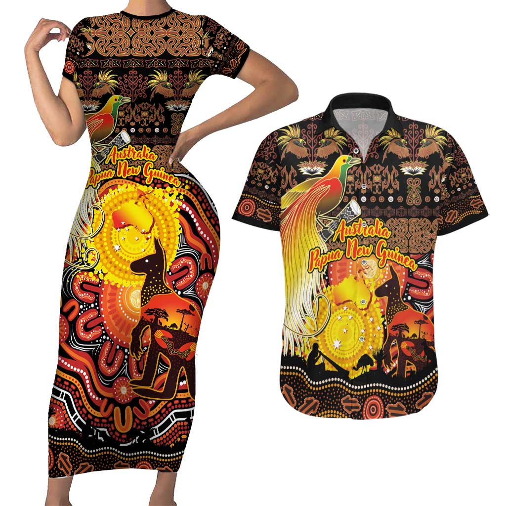 Personalized Australia and Papua New Guinea Together Couples Matching Short Sleeve Bodycon Dress and Hawaiian Shirt Kangaroo Aboriginal Art and Bird-of-paradise Oro Tribal Motifs - Polynesian Pride