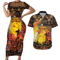 Personalized Australia and Papua New Guinea Together Couples Matching Short Sleeve Bodycon Dress and Hawaiian Shirt Kangaroo Aboriginal Art and Bird-of-paradise Oro Tribal Motifs - Polynesian Pride