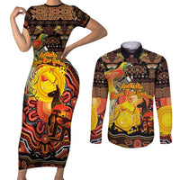 Personalized Australia and Papua New Guinea Together Couples Matching Short Sleeve Bodycon Dress and Long Sleeve Button Shirt Kangaroo Aboriginal Art and Bird-of-paradise Oro Tribal Motifs - Polynesian Pride
