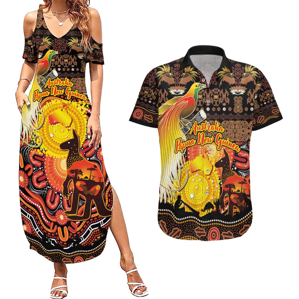 Personalized Australia and Papua New Guinea Together Couples Matching Summer Maxi Dress and Hawaiian Shirt Kangaroo Aboriginal Art and Bird-of-paradise Oro Tribal Motifs - Polynesian Pride