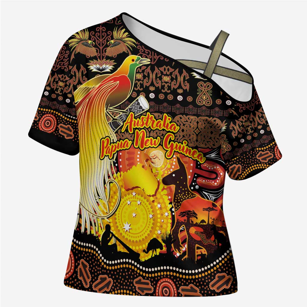 Personalized Australia and Papua New Guinea Together Cross Shoulder Shirt Kangaroo Aboriginal Art and Bird-of-paradise Oro Tribal Motifs - Polynesian Pride