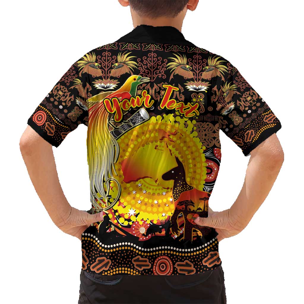 Personalized Australia and Papua New Guinea Together Family Matching Long Sleeve Bodycon Dress and Hawaiian Shirt Kangaroo Aboriginal Art and Bird-of-paradise Oro Tribal Motifs - Polynesian Pride
