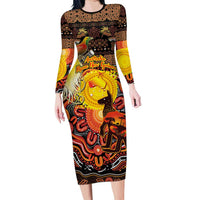 Personalized Australia and Papua New Guinea Together Family Matching Long Sleeve Bodycon Dress and Hawaiian Shirt Kangaroo Aboriginal Art and Bird-of-paradise Oro Tribal Motifs - Polynesian Pride