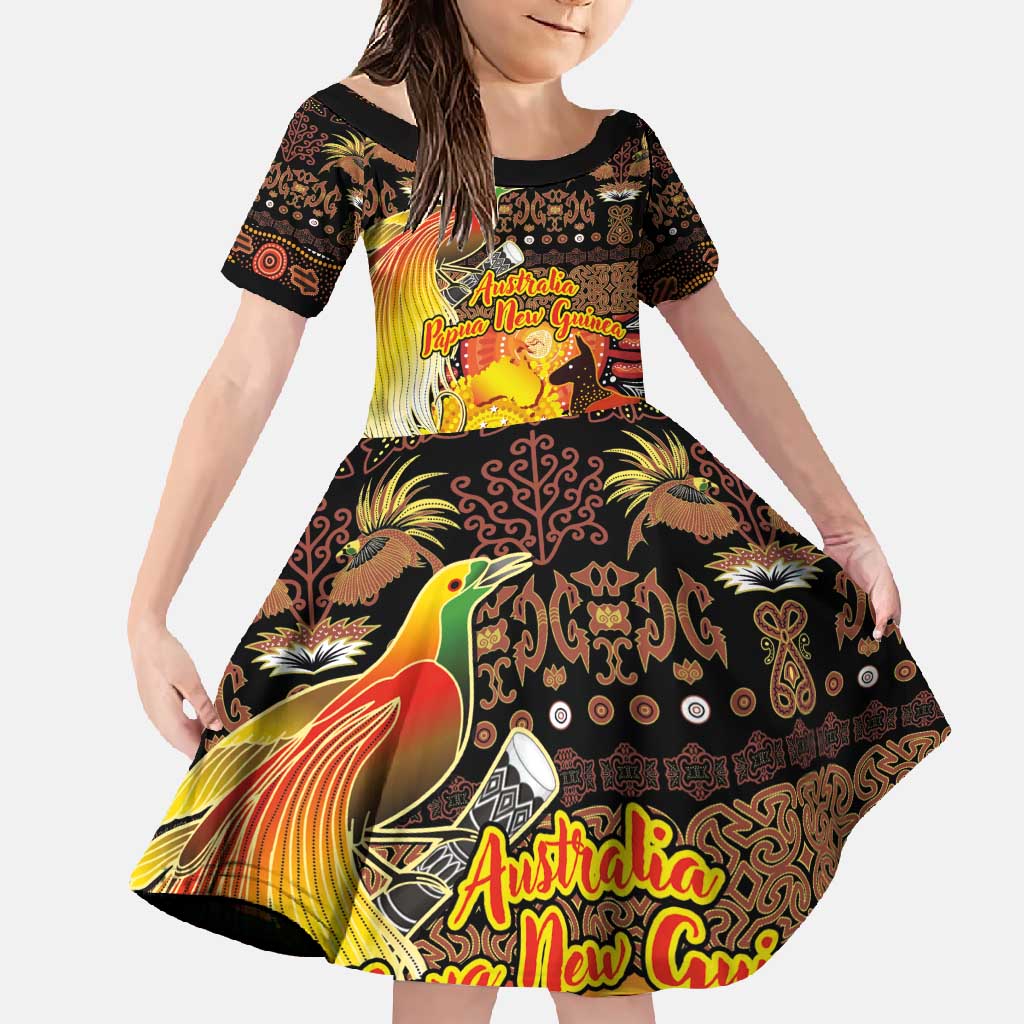 Personalized Australia and Papua New Guinea Together Family Matching Off Shoulder Maxi Dress and Hawaiian Shirt Kangaroo Aboriginal Art and Bird-of-paradise Oro Tribal Motifs - Polynesian Pride