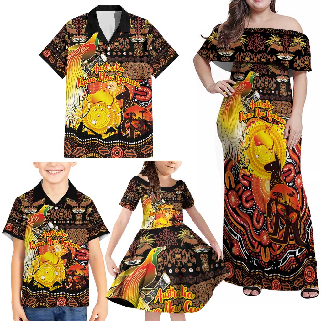 Personalized Australia and Papua New Guinea Together Family Matching Off Shoulder Maxi Dress and Hawaiian Shirt Kangaroo Aboriginal Art and Bird-of-paradise Oro Tribal Motifs - Polynesian Pride