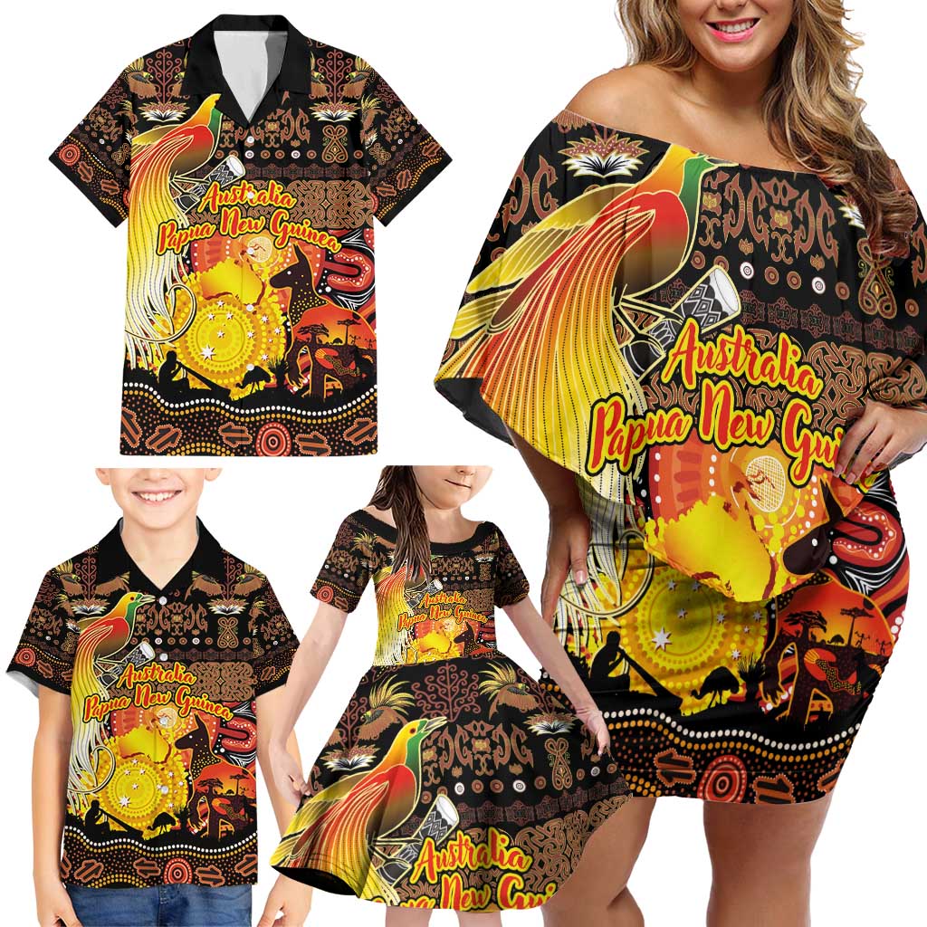 Personalized Australia and Papua New Guinea Together Family Matching Off Shoulder Short Dress and Hawaiian Shirt Kangaroo Aboriginal Art and Bird-of-paradise Oro Tribal Motifs - Polynesian Pride