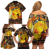 Personalized Australia and Papua New Guinea Together Family Matching Off Shoulder Short Dress and Hawaiian Shirt Kangaroo Aboriginal Art and Bird-of-paradise Oro Tribal Motifs - Polynesian Pride