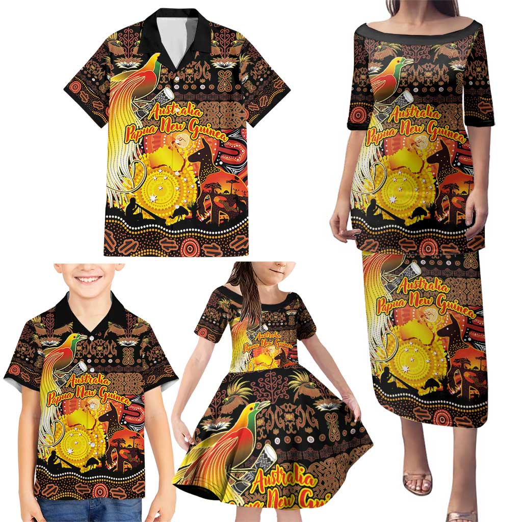 Personalized Australia and Papua New Guinea Together Family Matching Puletasi and Hawaiian Shirt Kangaroo Aboriginal Art and Bird-of-paradise Oro Tribal Motifs - Polynesian Pride