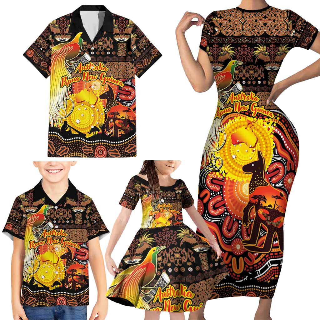 Personalized Australia and Papua New Guinea Together Family Matching Short Sleeve Bodycon Dress and Hawaiian Shirt Kangaroo Aboriginal Art and Bird-of-paradise Oro Tribal Motifs - Polynesian Pride