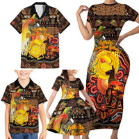 Personalized Australia and Papua New Guinea Together Family Matching Short Sleeve Bodycon Dress and Hawaiian Shirt Kangaroo Aboriginal Art and Bird-of-paradise Oro Tribal Motifs - Polynesian Pride
