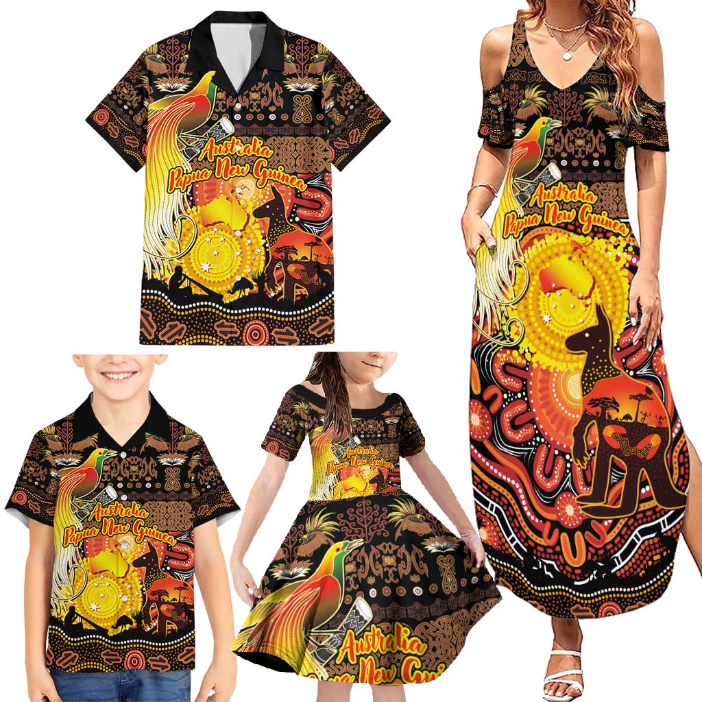 Personalized Australia and Papua New Guinea Together Family Matching Summer Maxi Dress and Hawaiian Shirt Kangaroo Aboriginal Art and Bird-of-paradise Oro Tribal Motifs - Polynesian Pride