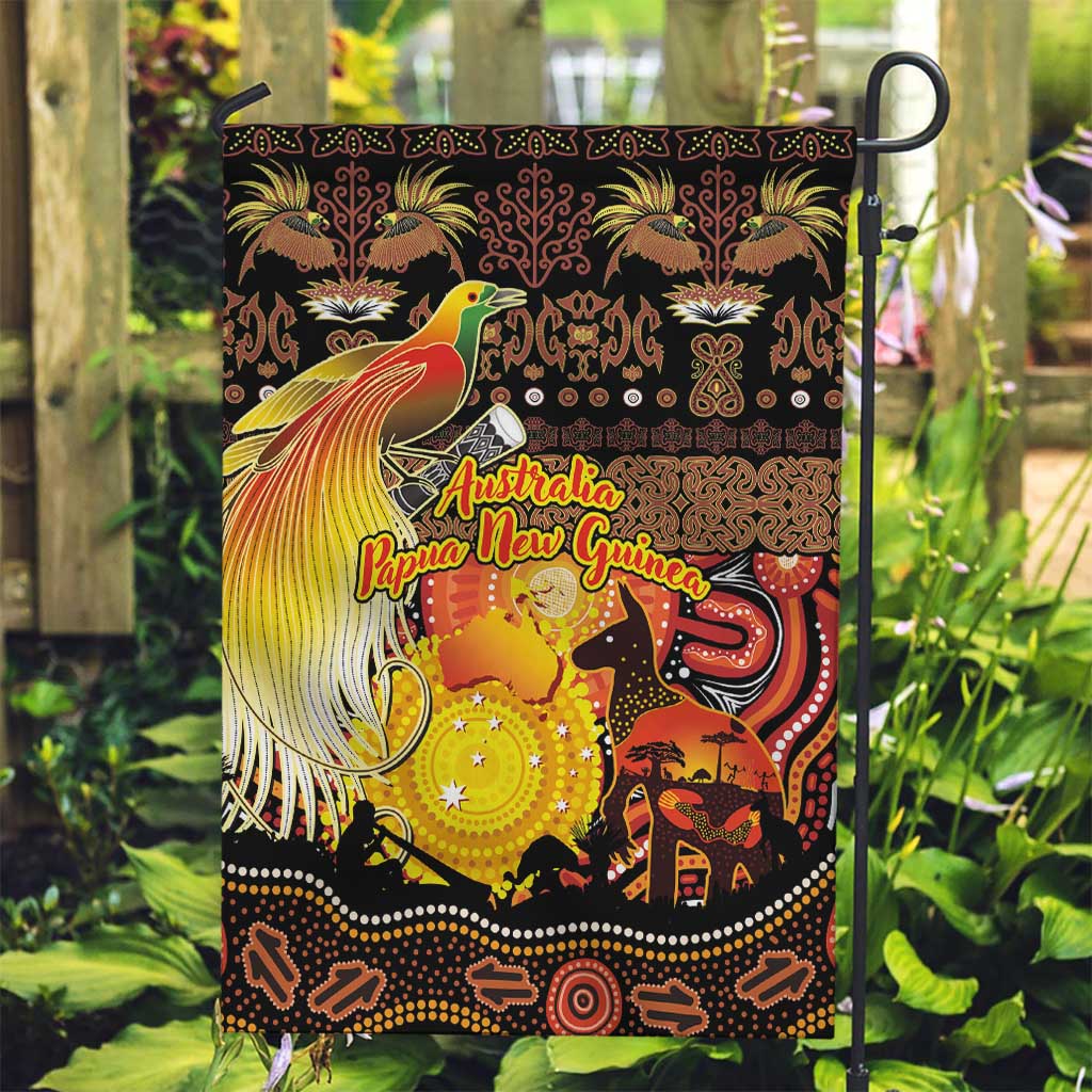 Australia and Papua New Guinea Together Garden Flag Kangaroo Aboriginal Art and Bird-of-paradise Oro Tribal Motifs - Polynesian Pride