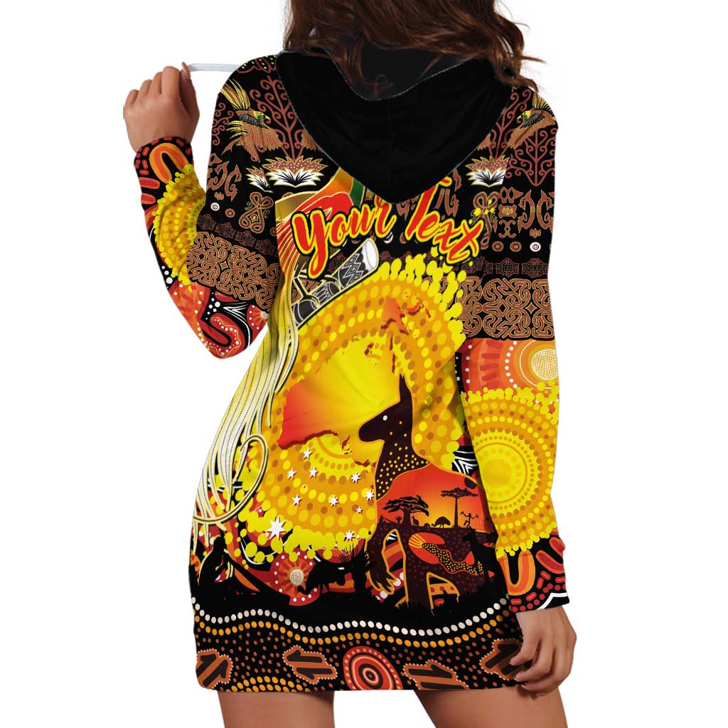 Personalized Australia and Papua New Guinea Together Hoodie Dress Kangaroo Aboriginal Art and Bird-of-paradise Oro Tribal Motifs - Polynesian Pride