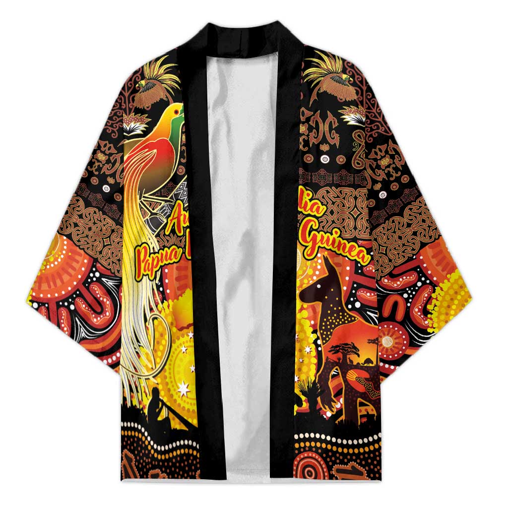 Personalized Australia and Papua New Guinea Together Kimono Kangaroo Aboriginal Art and Bird-of-paradise Oro Tribal Motifs LT03 Unisex Black - Polynesian Pride
