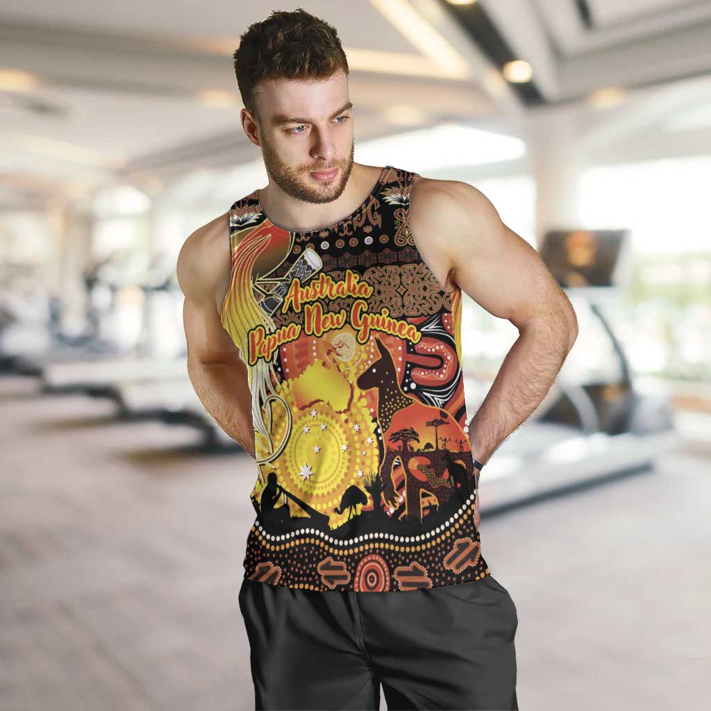 Personalized Australia and Papua New Guinea Together Men Tank Top Kangaroo Aboriginal Art and Bird-of-paradise Oro Tribal Motifs - Polynesian Pride