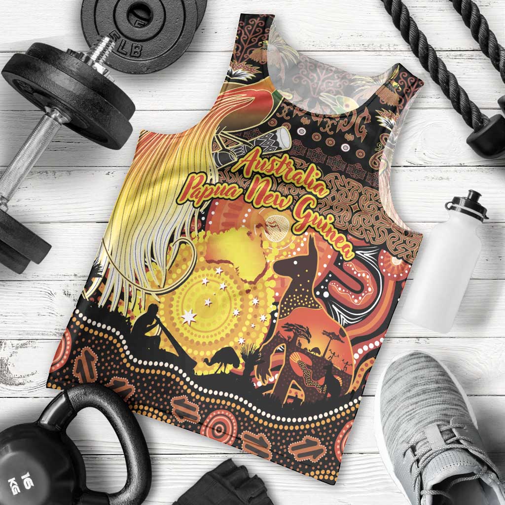 Personalized Australia and Papua New Guinea Together Men Tank Top Kangaroo Aboriginal Art and Bird-of-paradise Oro Tribal Motifs - Polynesian Pride