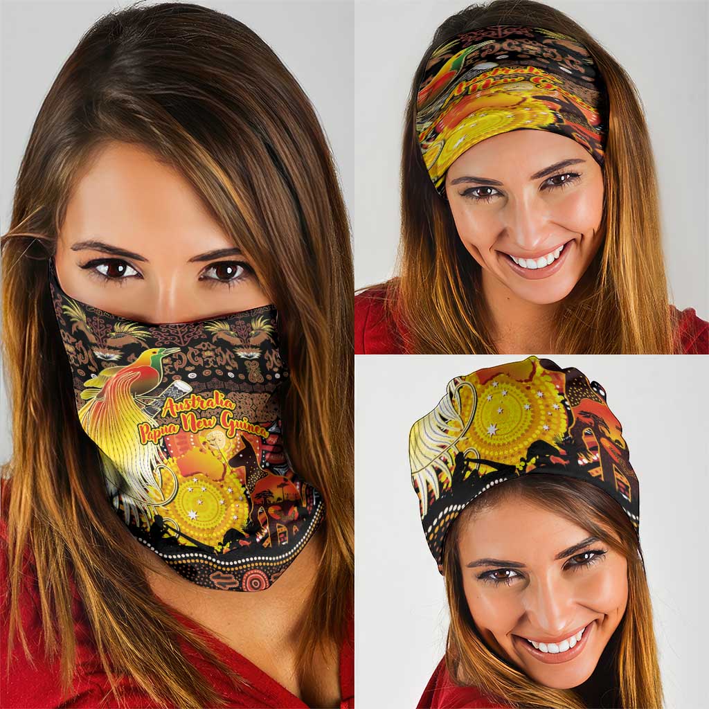 Australia and Papua New Guinea Together Neck Gaiter Kangaroo Aboriginal Art and Bird-of-paradise Oro Tribal Motifs - Polynesian Pride