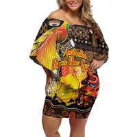 Personalized Australia and Papua New Guinea Together Off Shoulder Short Dress Kangaroo Aboriginal Art and Bird-of-paradise Oro Tribal Motifs - Polynesian Pride