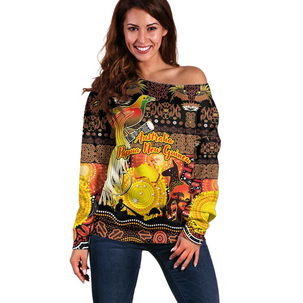 Personalized Australia and Papua New Guinea Together Off Shoulder Sweater Kangaroo Aboriginal Art and Bird-of-paradise Oro Tribal Motifs - Polynesian Pride