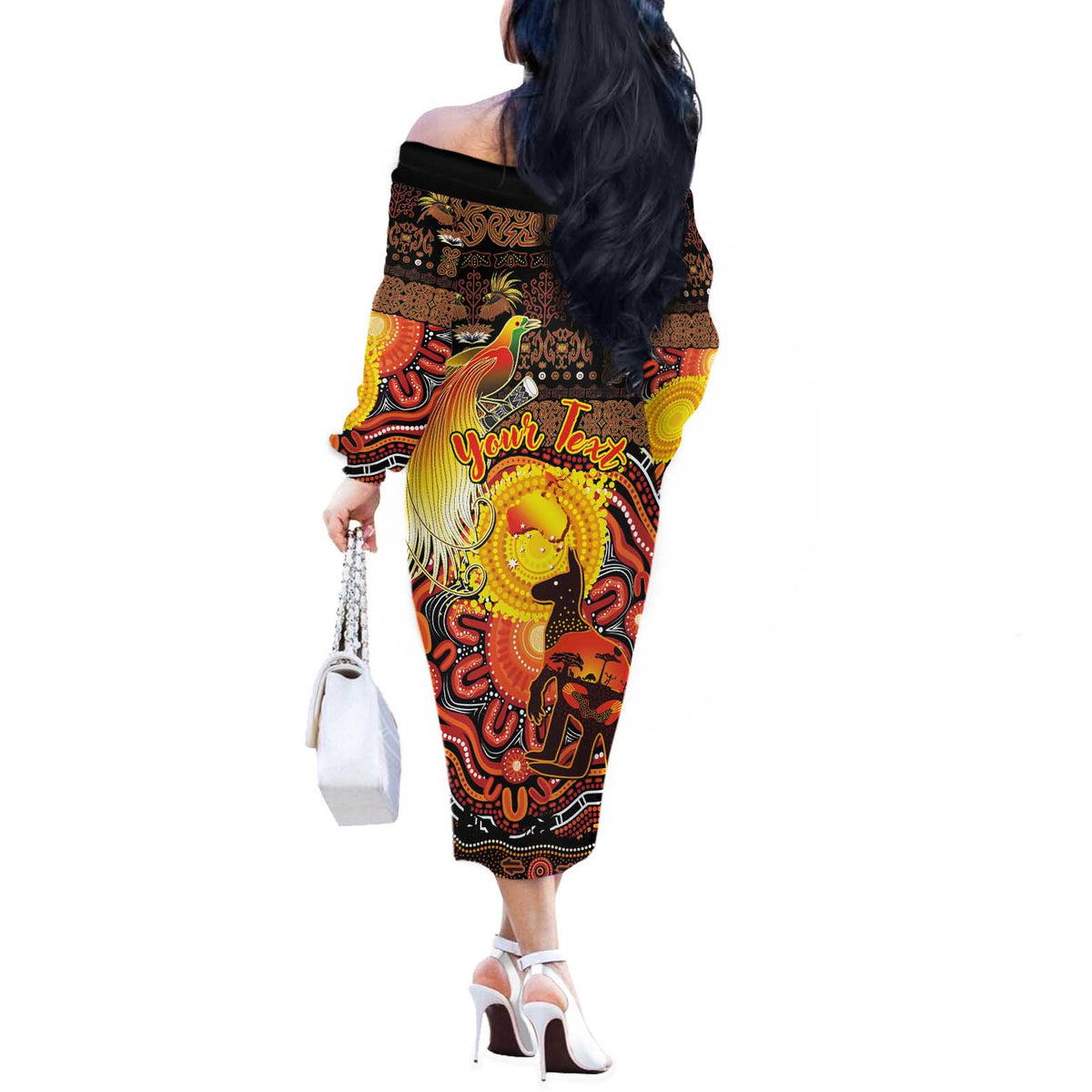 Personalized Australia and Papua New Guinea Together Off The Shoulder Long Sleeve Dress Kangaroo Aboriginal Art and Bird-of-paradise Oro Tribal Motifs - Polynesian Pride