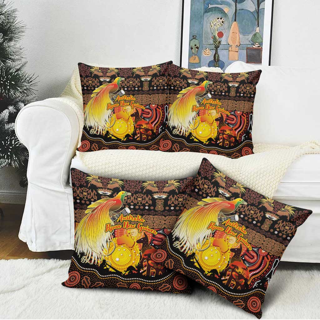Australia and Papua New Guinea Together Pillow Cover Kangaroo Aboriginal Art and Bird-of-paradise Oro Tribal Motifs - Polynesian Pride