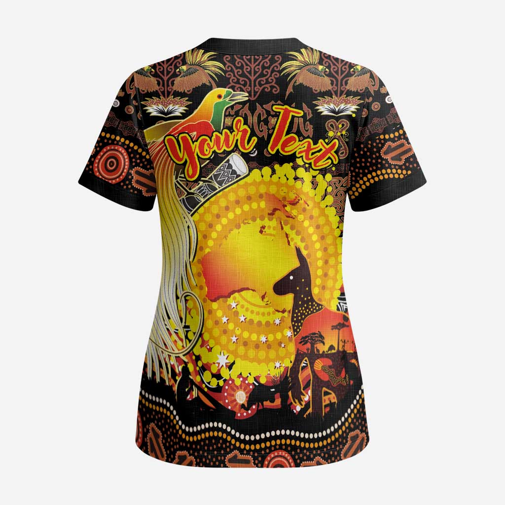Personalized Australia and Papua New Guinea Together Scrub Top Kangaroo Aboriginal Art and Bird-of-paradise Oro Tribal Motifs - Polynesian Pride