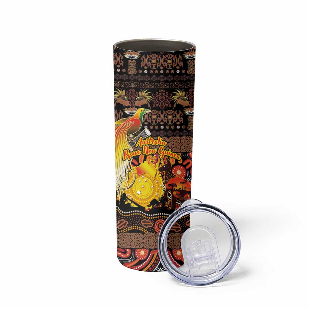 Personalized Australia and Papua New Guinea Together Skinny Tumbler Kangaroo Aboriginal Art and Bird-of-paradise Oro Tribal Motifs - Polynesian Pride
