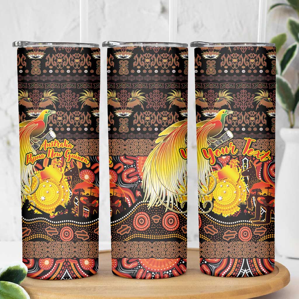 Personalized Australia and Papua New Guinea Together Skinny Tumbler Kangaroo Aboriginal Art and Bird-of-paradise Oro Tribal Motifs - Polynesian Pride