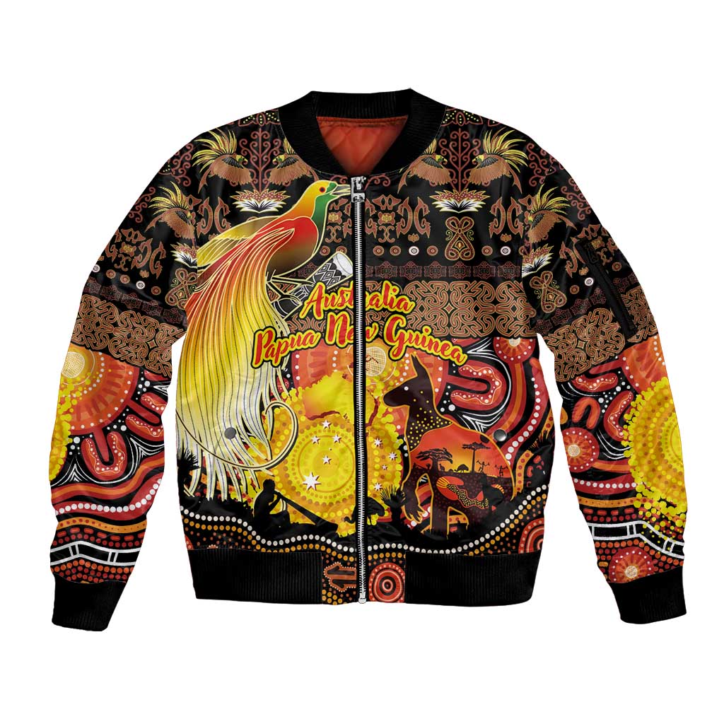 Personalized Australia and Papua New Guinea Together Sleeve Zip Bomber Jacket Kangaroo Aboriginal Art and Bird-of-paradise Oro Tribal Motifs - Polynesian Pride