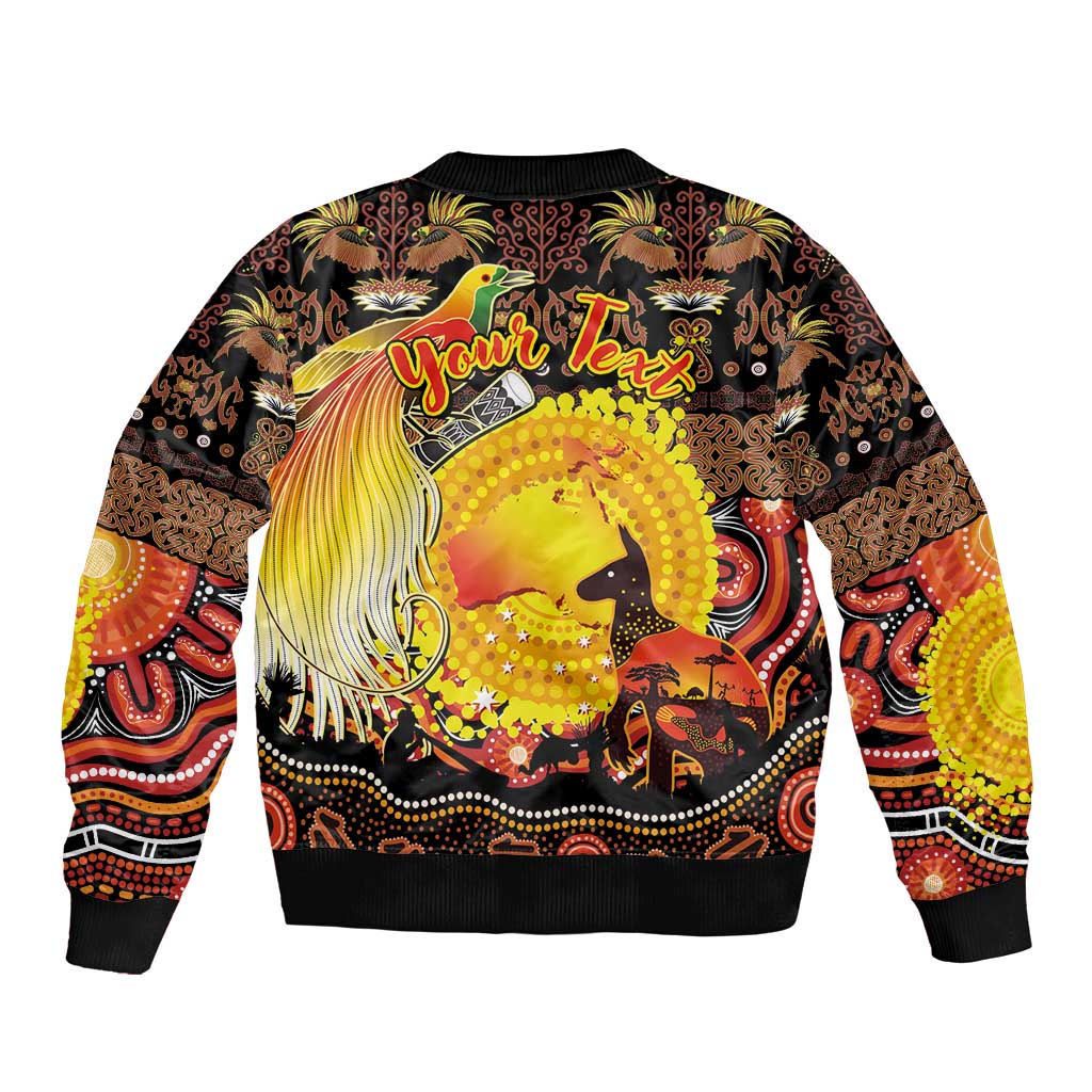 Personalized Australia and Papua New Guinea Together Sleeve Zip Bomber Jacket Kangaroo Aboriginal Art and Bird-of-paradise Oro Tribal Motifs - Polynesian Pride