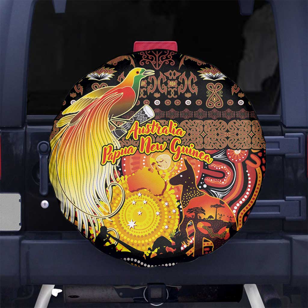 Australia and Papua New Guinea Together Spare Tire Cover Kangaroo Aboriginal Art and Bird-of-paradise Oro Tribal Motifs - Polynesian Pride