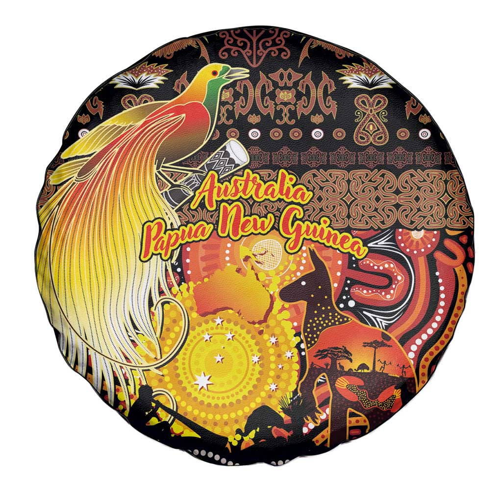 Australia and Papua New Guinea Together Spare Tire Cover Kangaroo Aboriginal Art and Bird-of-paradise Oro Tribal Motifs - Polynesian Pride